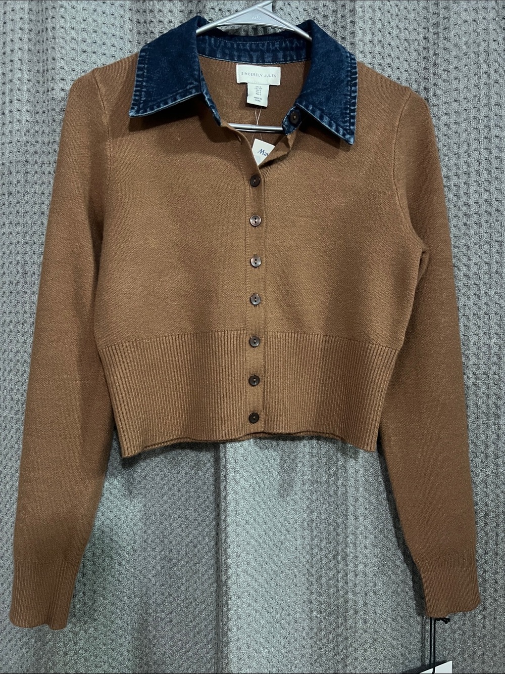 Sincerely Jules Brown Knit Cardigan with Dark Blue Jean Collar
